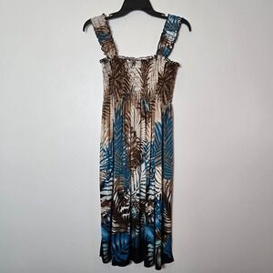FC Tropical Leaf Print Smocked Midi Dress Blue Brown Ruffle Straps Size L-XL